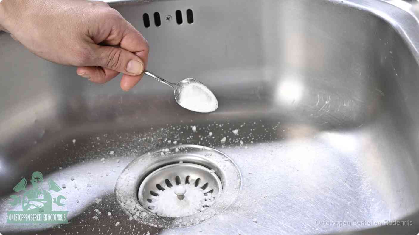 Een hand strooit met een lepel soda in de afvoer van een roestvrijstalen spoelbak, de soda en azijn huismiddel-methode om de afvoer te ontstoppen in Berkel en Rodenrijs