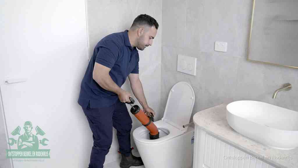 Een monteur gebruikt een handmatige perspomp (toiletontstopper) op een wandcloset tijdens het professioneel wc ontstoppen in Berkel en Rodenrijs